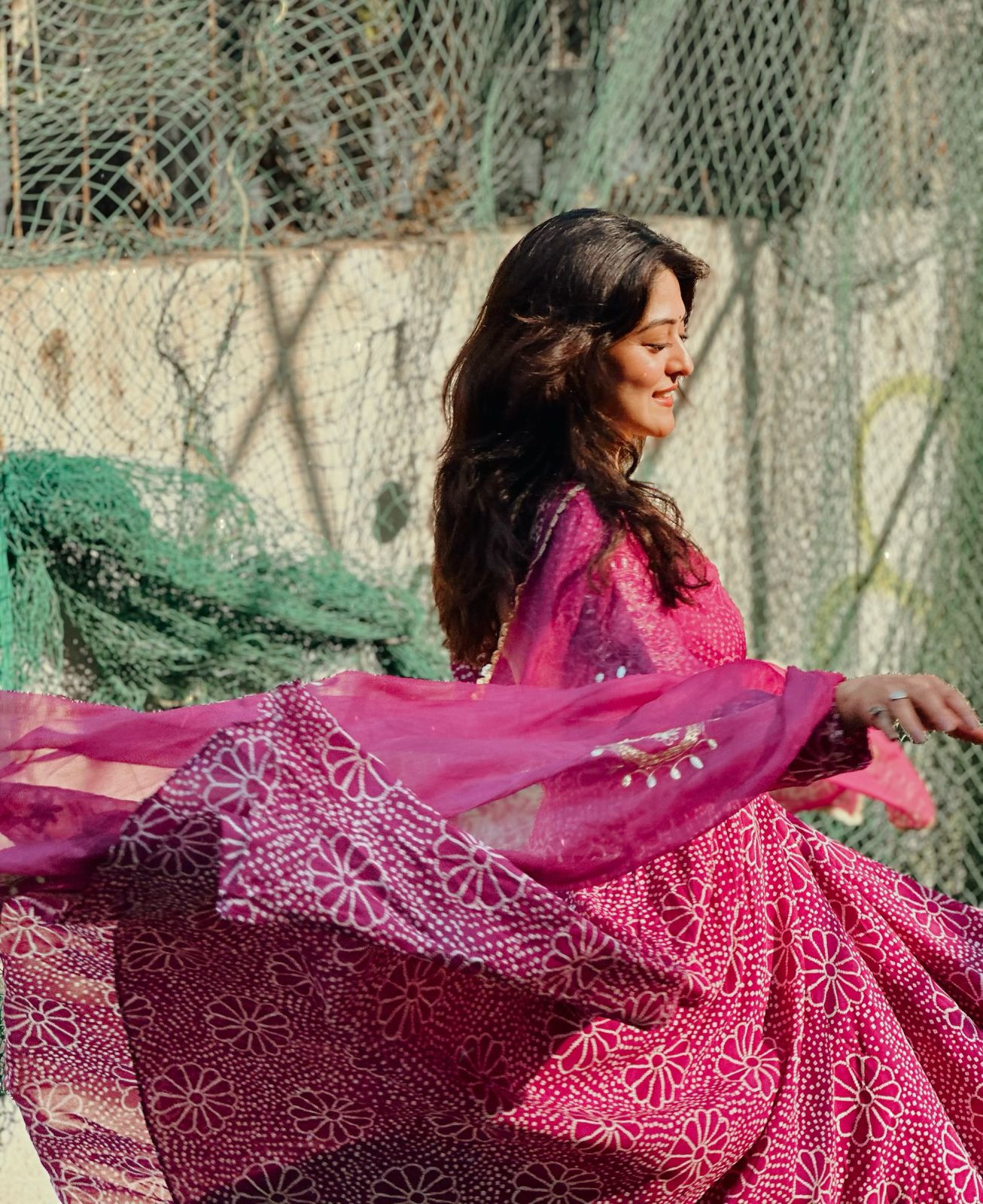 Royal Magenta Floral Anarkali Gown Set with Crepe Plazo & Chinon Dupatta