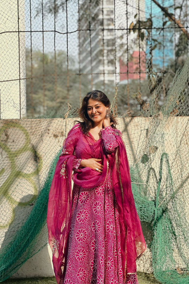 Royal Magenta Floral Anarkali Gown Set with Crepe Plazo & Chinon Dupatta