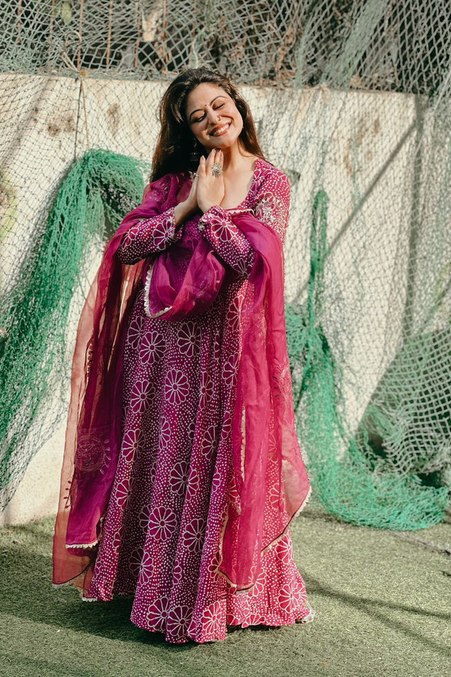 Royal Magenta Floral Anarkali Gown Set with Crepe Plazo & Chinon Dupatta