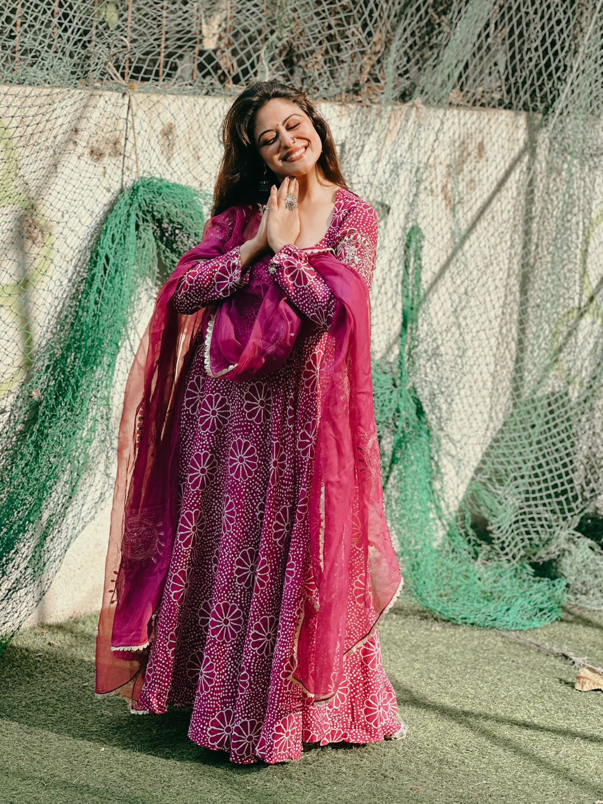 Royal Magenta Floral Anarkali Gown Set with Crepe Plazo & Chinon Dupatta