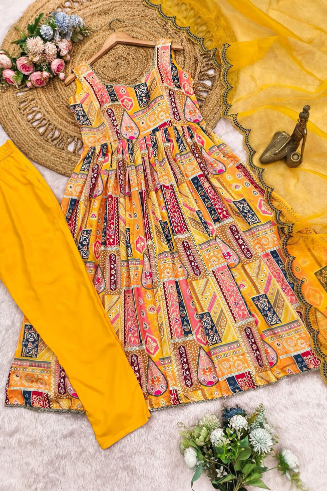 Sun-Kissed Modal Satin Anarkali Gown Set with Scalloped Organza Dupatta
