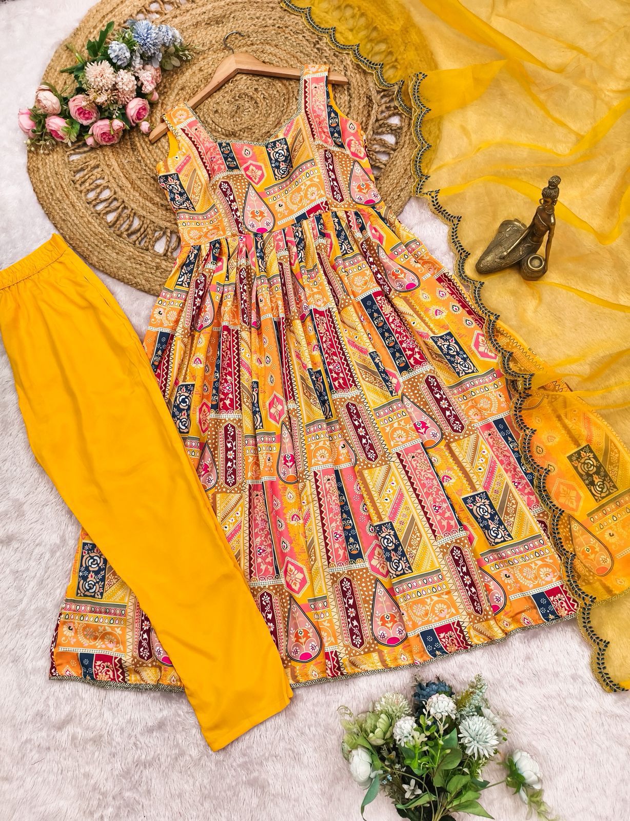 Sun-Kissed Modal Satin Anarkali Gown Set with Scalloped Organza Dupatta