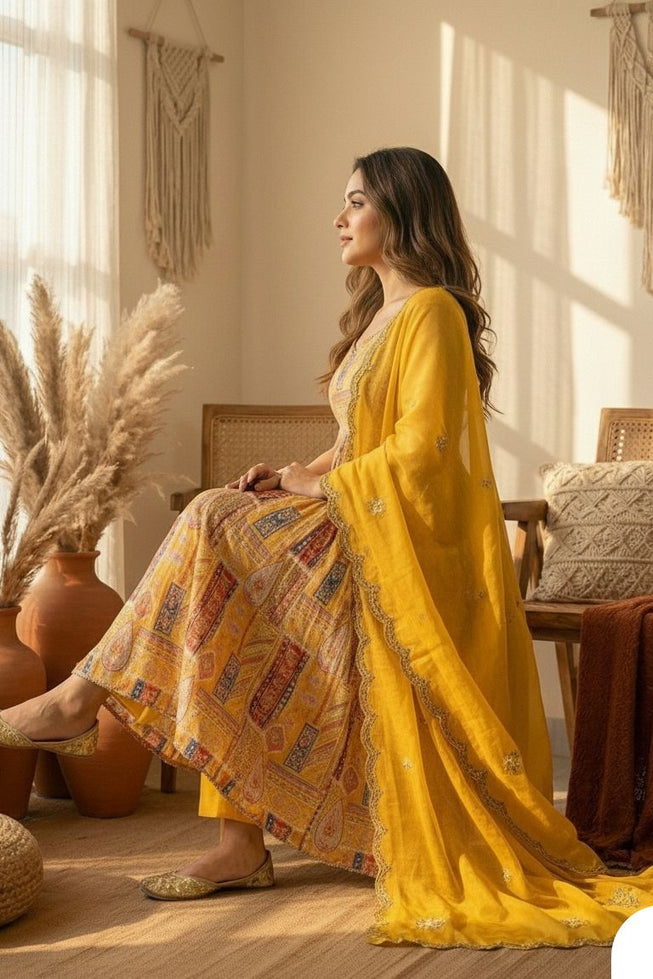 Sun-Kissed Modal Satin Anarkali Gown Set with Scalloped Organza Dupatta