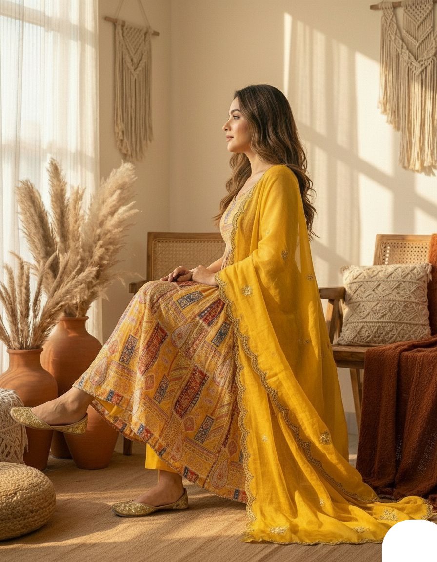 Sun-Kissed Modal Satin Anarkali Gown Set with Scalloped Organza Dupatta