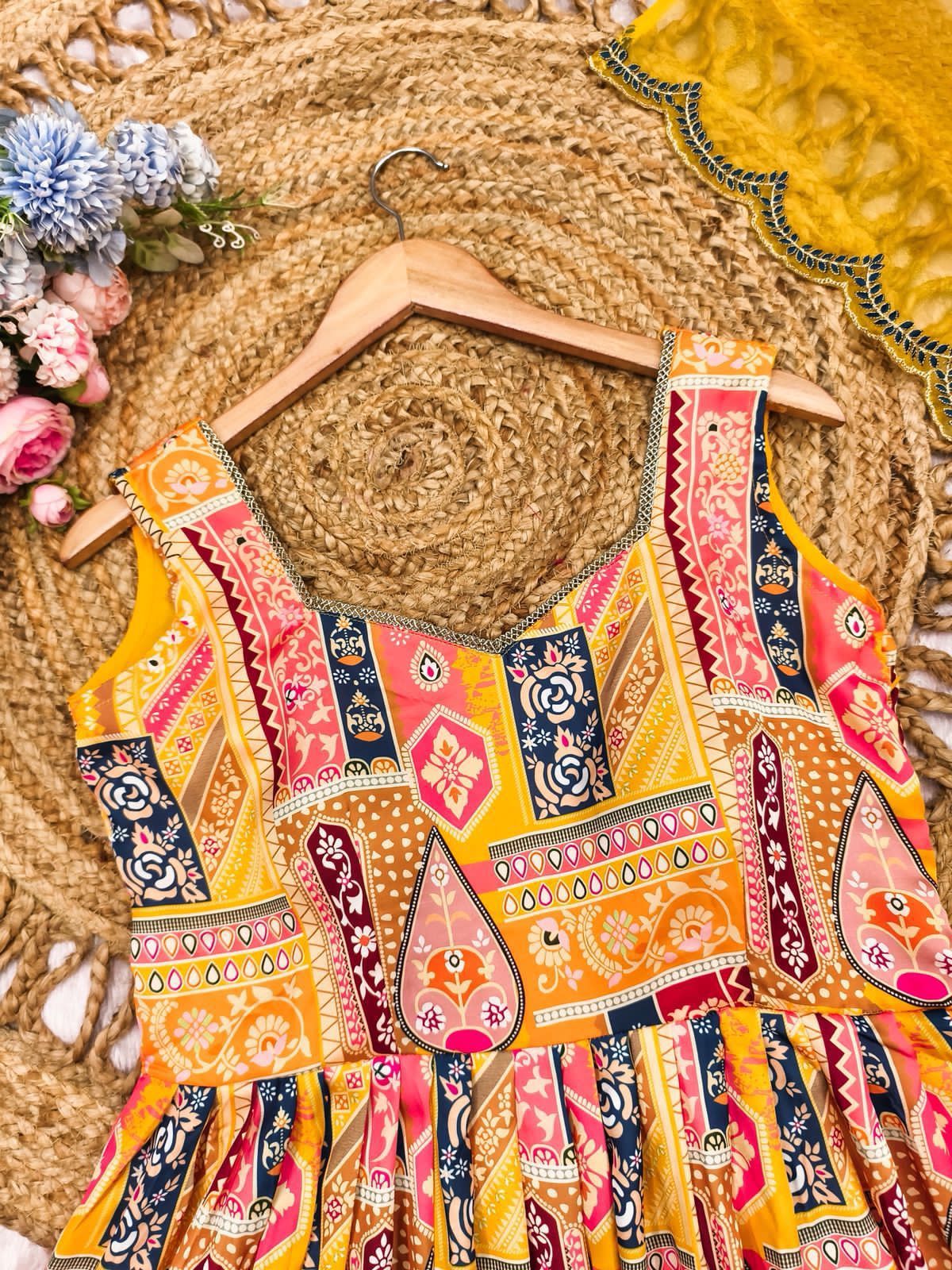 Sun-Kissed Modal Satin Anarkali Gown Set with Scalloped Organza Dupatta