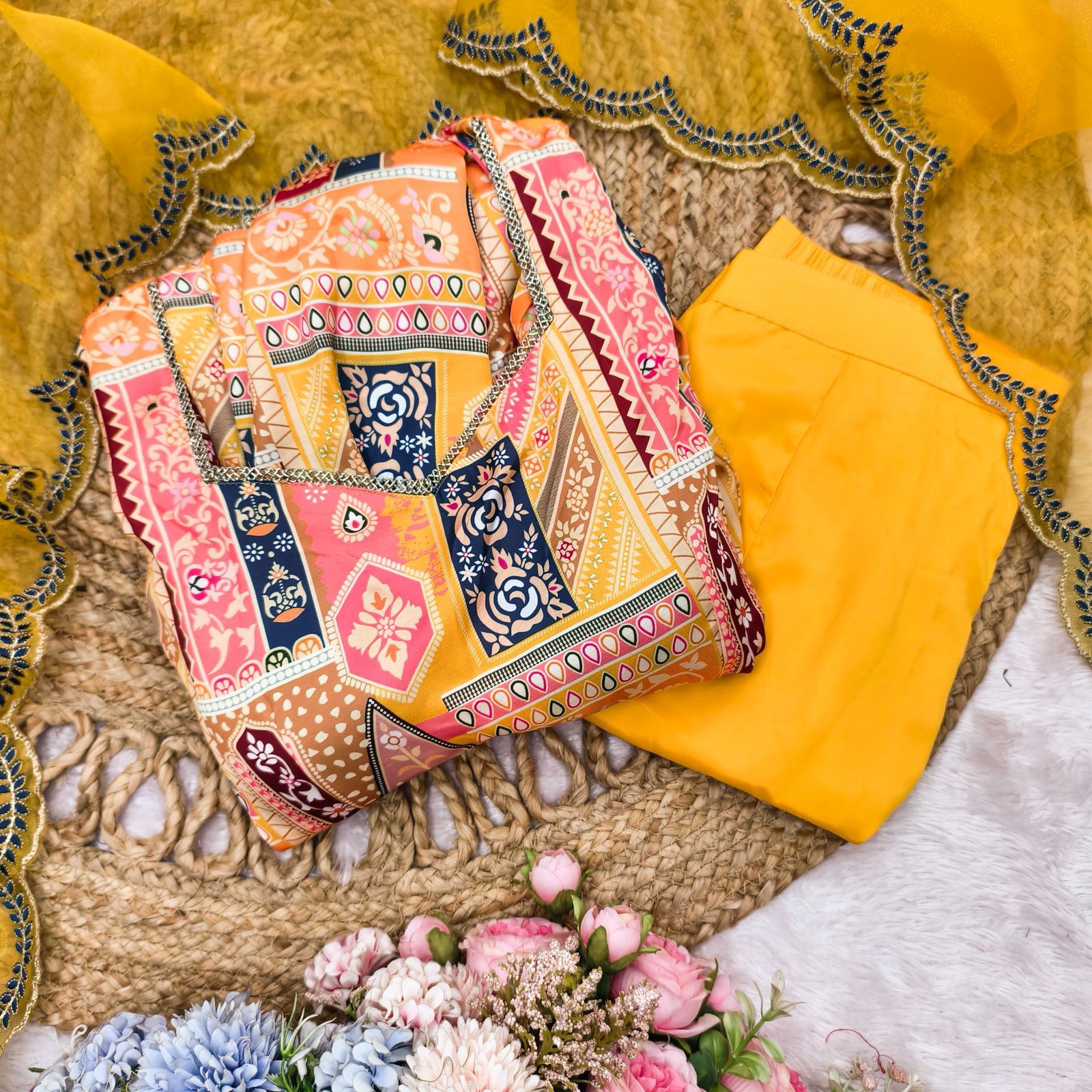 Sun-Kissed Modal Satin Anarkali Gown Set with Scalloped Organza Dupatta