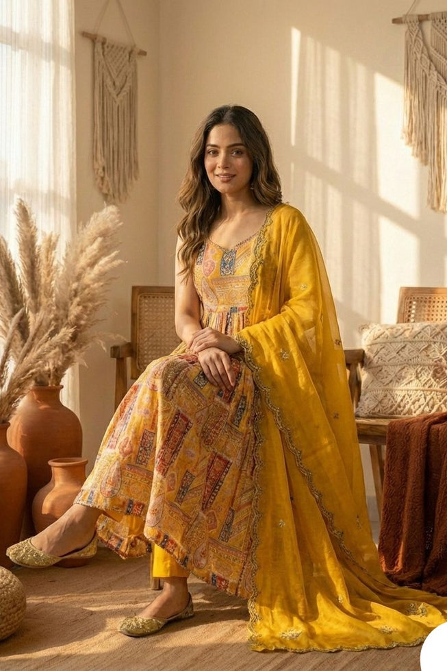 Sun-Kissed Modal Satin Anarkali Gown Set with Scalloped Organza Dupatta