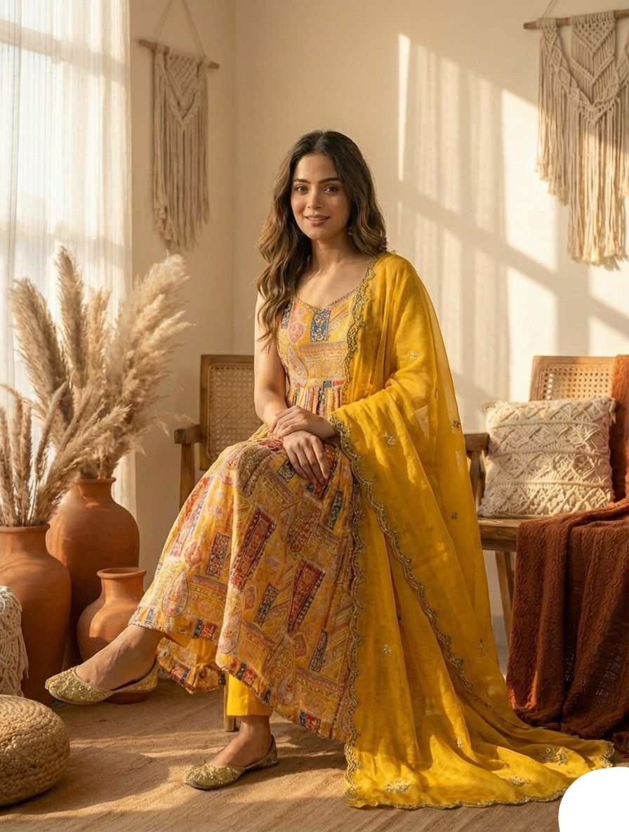 Sun-Kissed Modal Satin Anarkali Gown Set with Scalloped Organza Dupatta