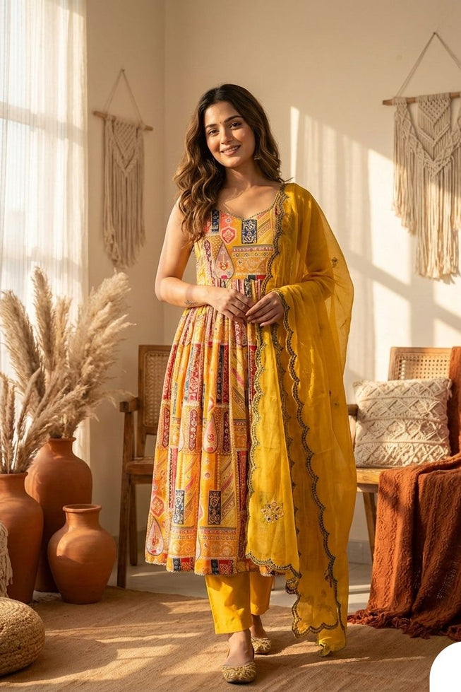 Sun-Kissed Modal Satin Anarkali Gown Set with Scalloped Organza Dupatta