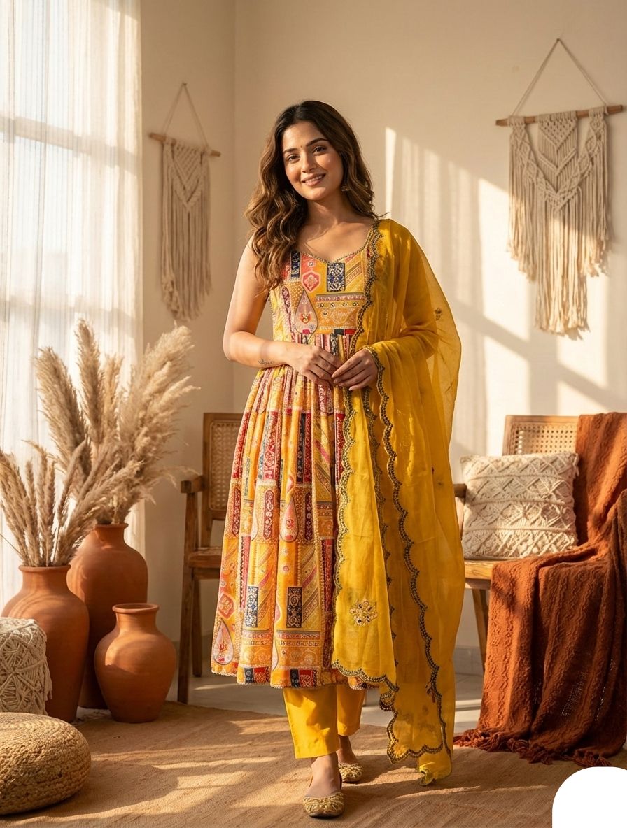 Sun-Kissed Modal Satin Anarkali Gown Set with Scalloped Organza Dupatta