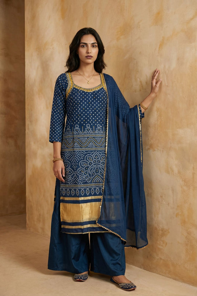 Royal Teal Blue Chinon Sharara Set with Cotton Thread Embroidery & Dupatta