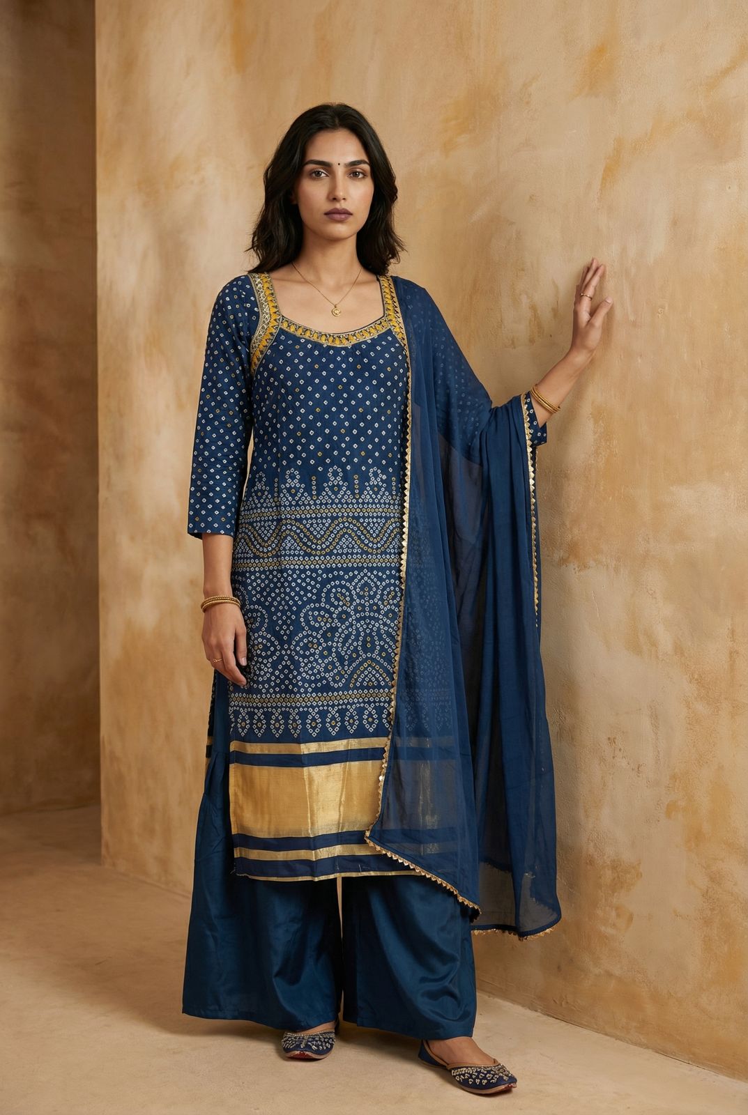 Royal Teal Blue Chinon Sharara Set with Cotton Thread Embroidery & Dupatta