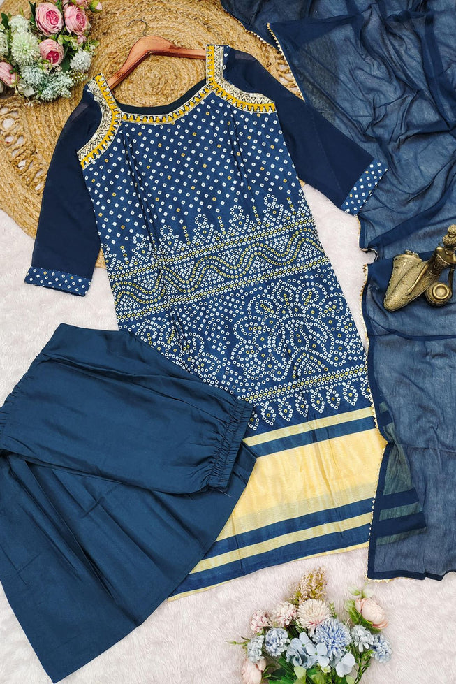 Royal Teal Blue Chinon Sharara Set with Cotton Thread Embroidery & Dupatta