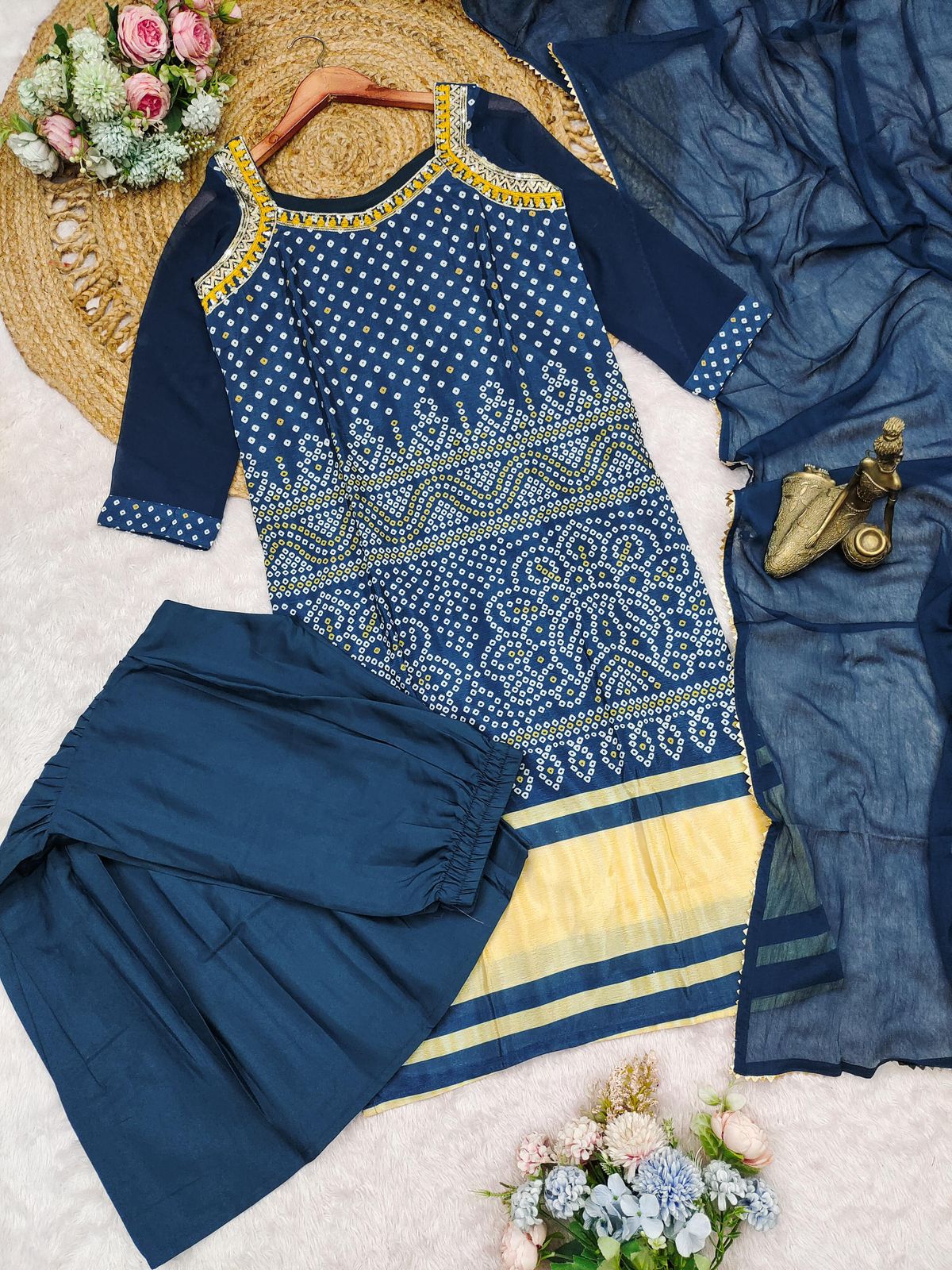 Royal Teal Blue Chinon Sharara Set with Cotton Thread Embroidery & Dupatta