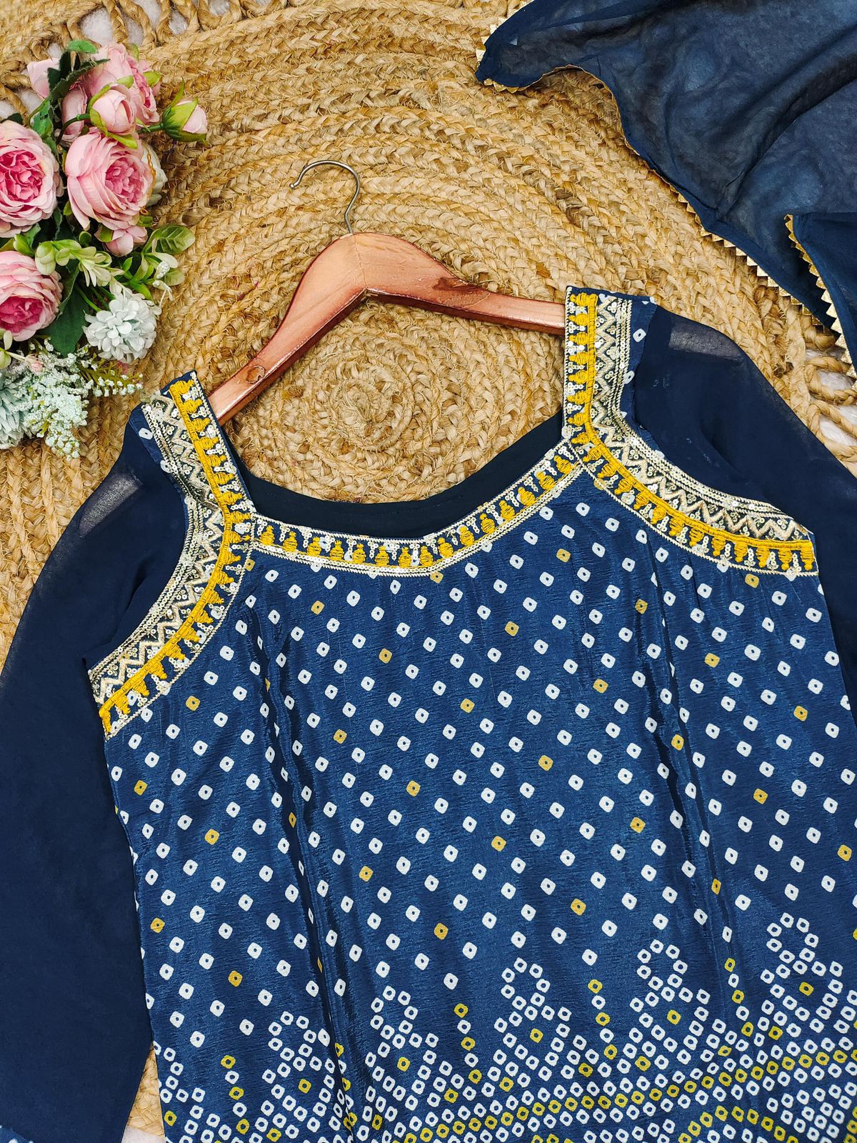 Royal Teal Blue Chinon Sharara Set with Cotton Thread Embroidery & Dupatta