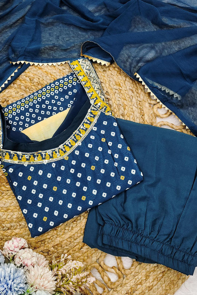 Royal Teal Blue Chinon Sharara Set with Cotton Thread Embroidery & Dupatta