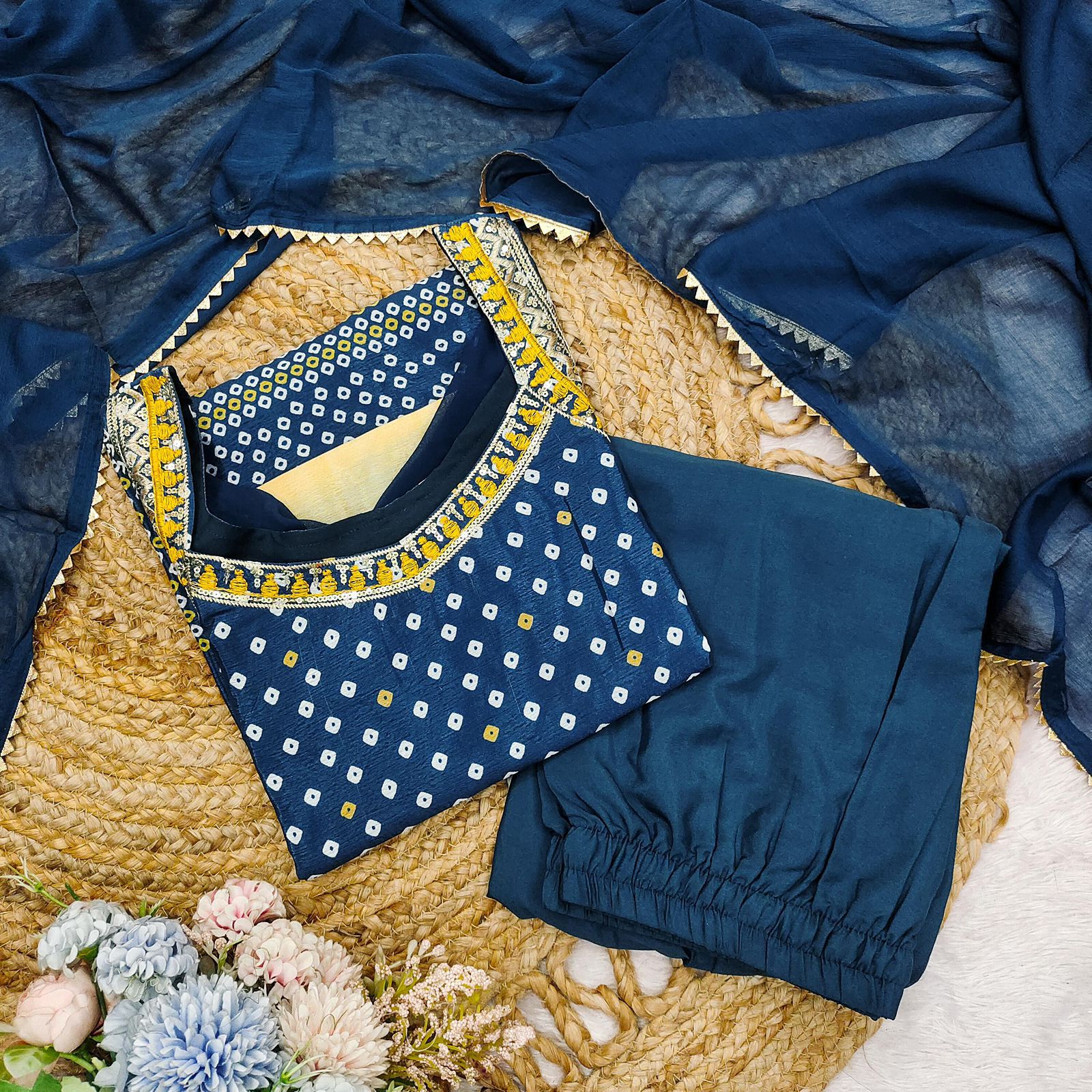 Royal Teal Blue Chinon Sharara Set with Cotton Thread Embroidery & Dupatta
