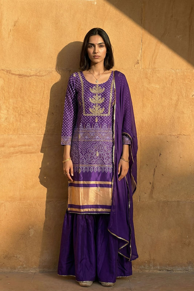 Exclusive Purple Chinon Kurta Set with Bandhani Print & Gold Embroidery