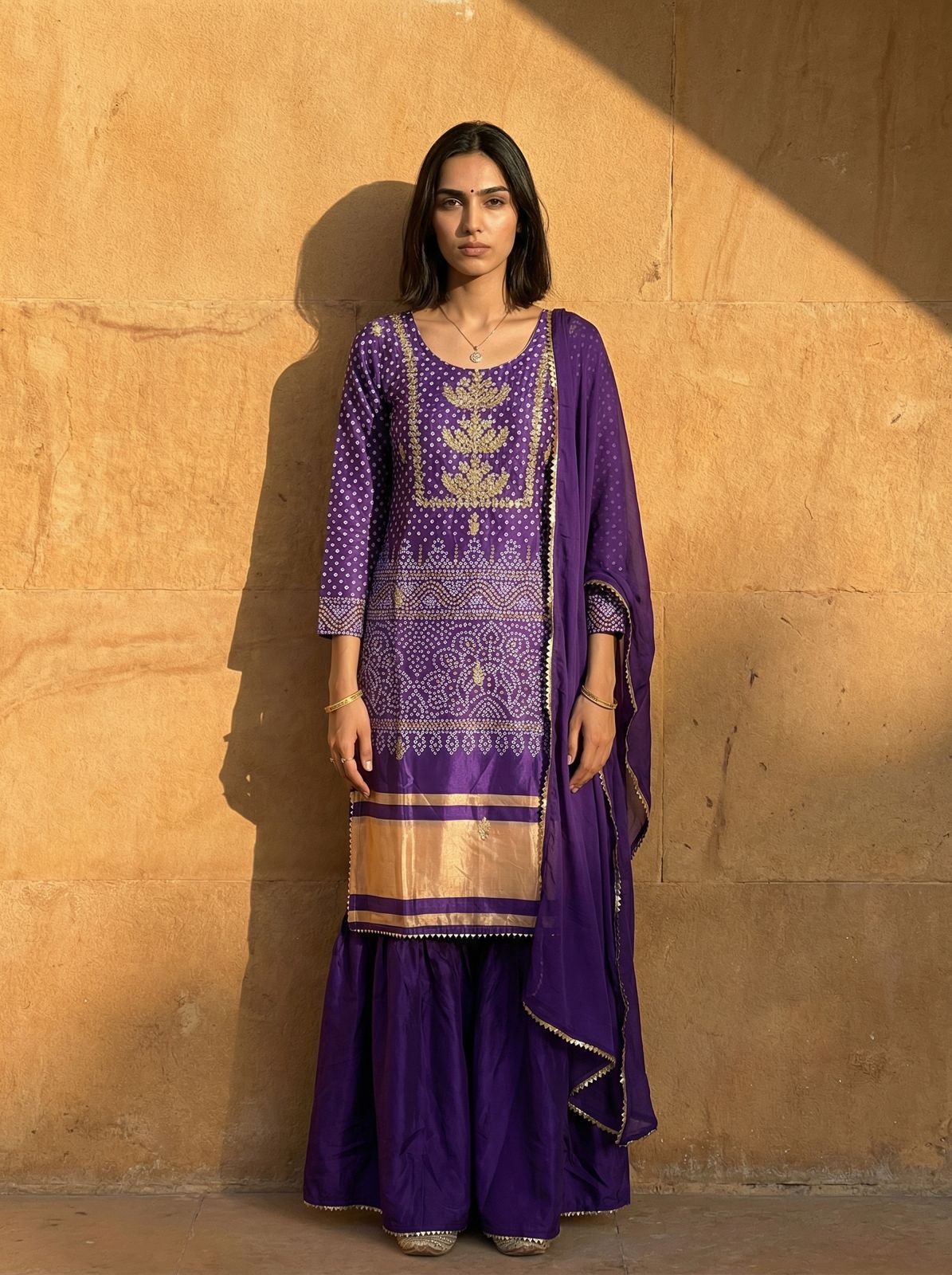 Exclusive Purple Chinon Kurta Set with Bandhani Print & Gold Embroidery