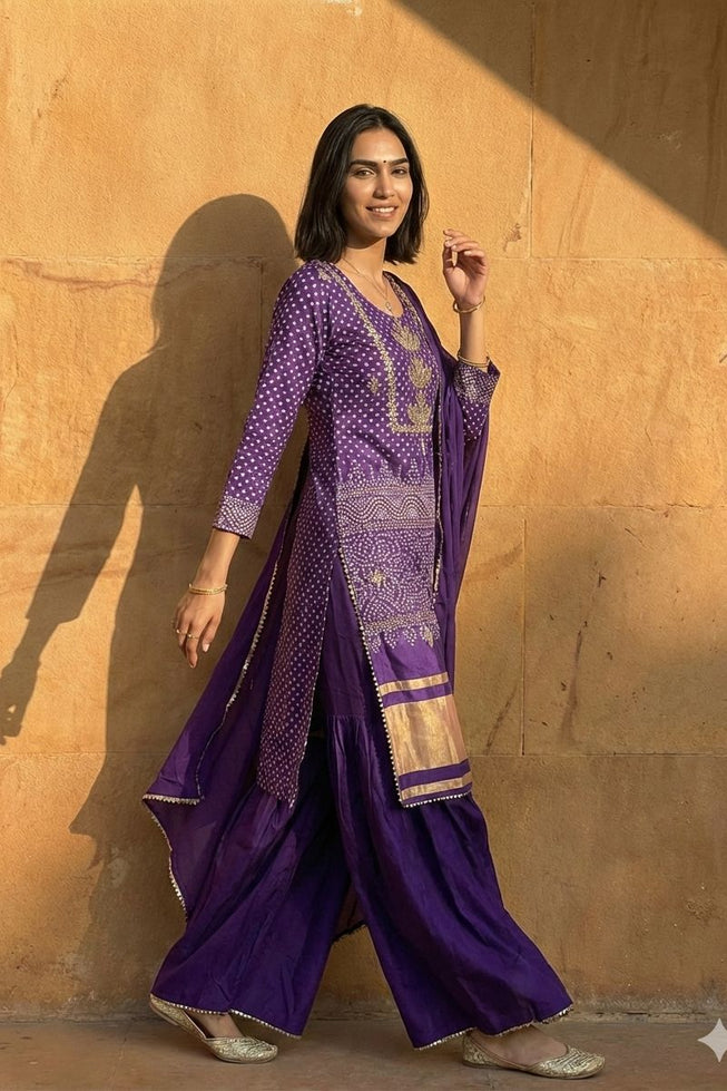 Exclusive Purple Chinon Kurta Set with Gold Embroidery & Portable 5-in-1 Travel Makeup Brush Set with Mirror - Festive Ready Beauty & Fashion Combo