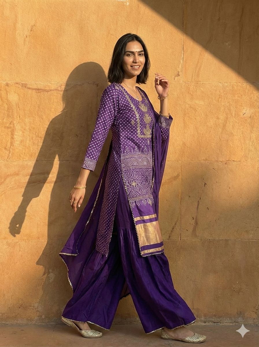 Exclusive Purple Chinon Kurta Set with Gold Embroidery & Portable 5-in-1 Travel Makeup Brush Set with Mirror - Festive Ready Beauty & Fashion Combo