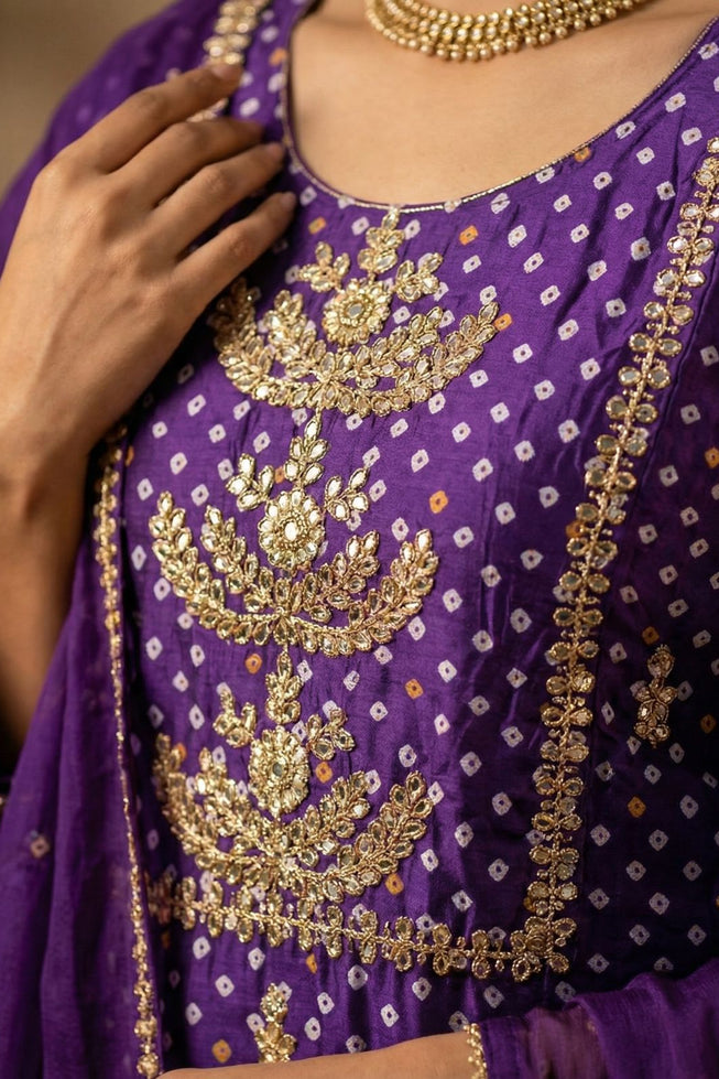 Exclusive Purple Chinon Kurta Set with Bandhani Print & Gold Embroidery