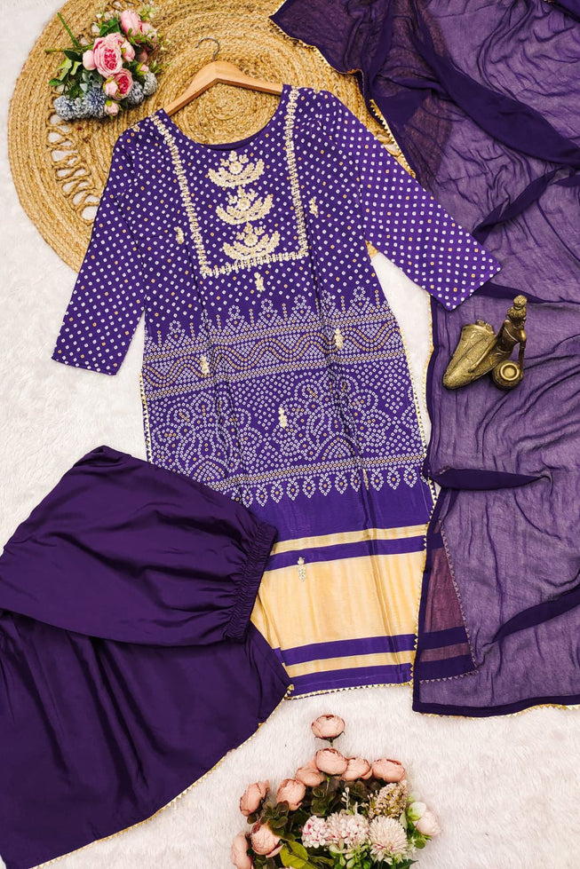Exclusive Purple Chinon Kurta Set with Bandhani Print & Gold Embroidery