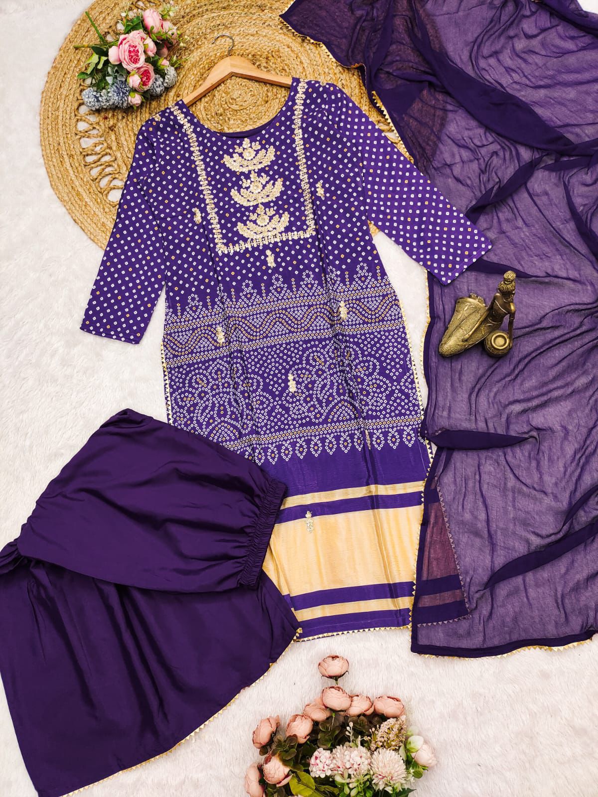 Exclusive Purple Chinon Kurta Set with Bandhani Print & Gold Embroidery