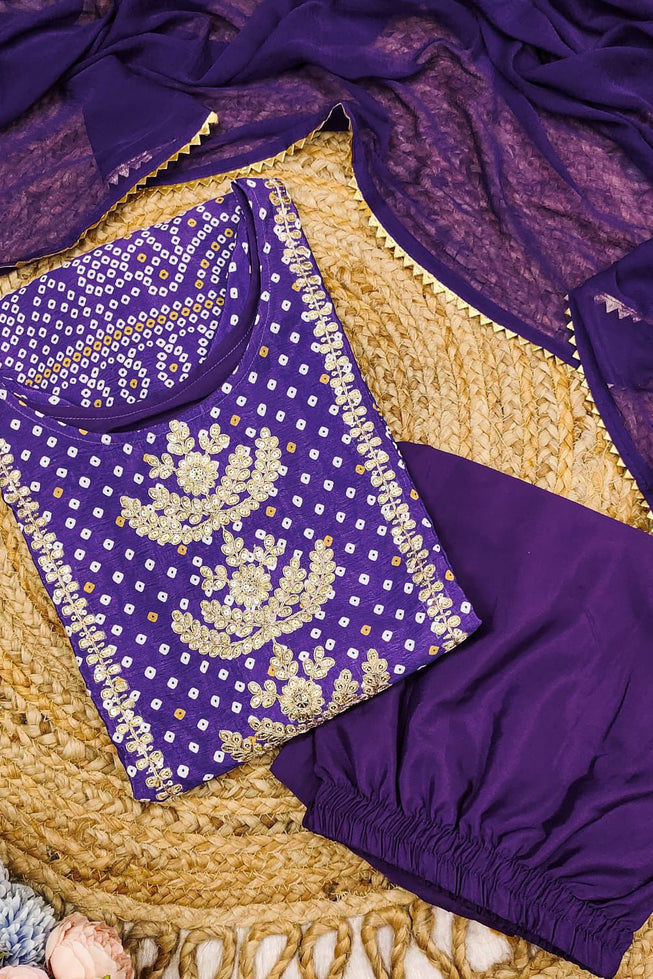 Exclusive Purple Chinon Kurta Set with Bandhani Print & Gold Embroidery