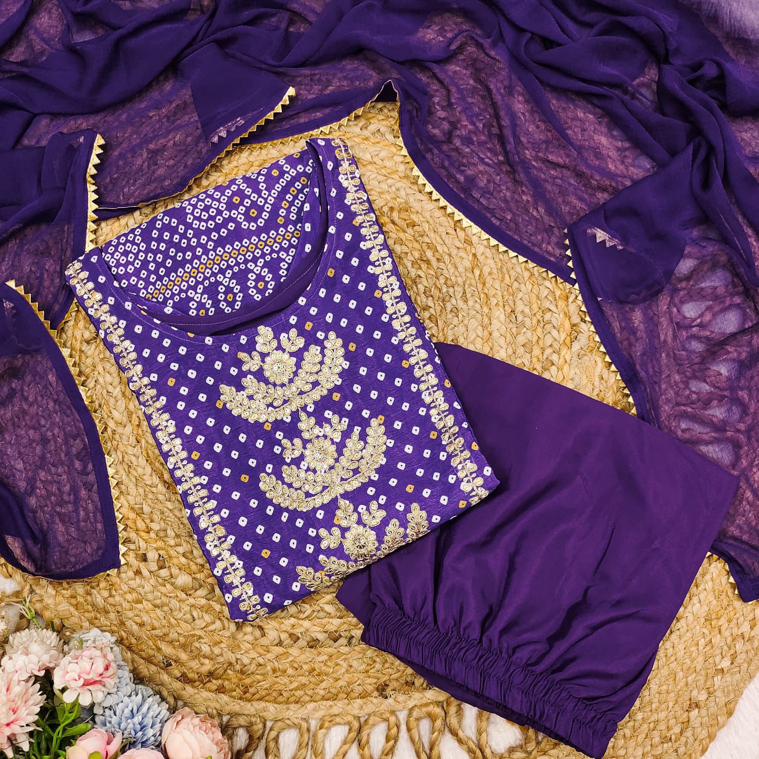 Exclusive Purple Chinon Kurta Set with Bandhani Print & Gold Embroidery