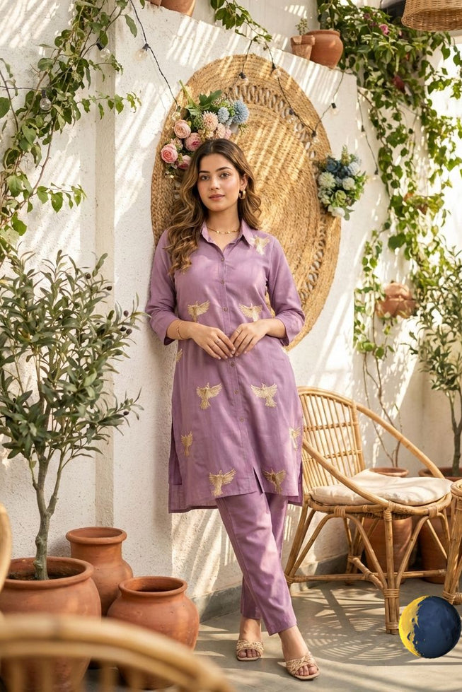 Lavender Roman Silk Kurti Palazzo Set with Bird Motif Thread Embroidery
