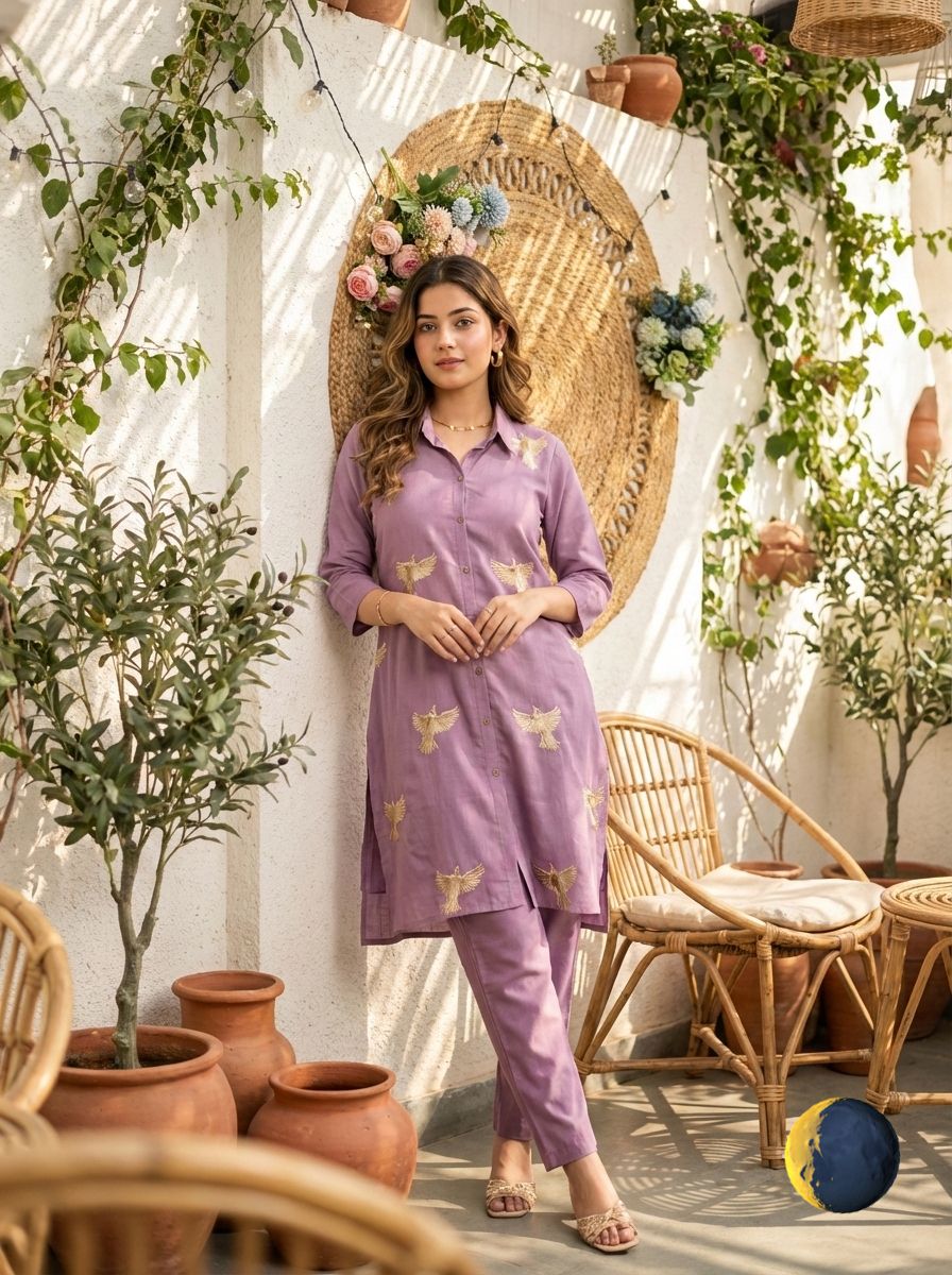 Lavender Roman Silk Kurti Palazzo Set with Bird Motif Thread Embroidery