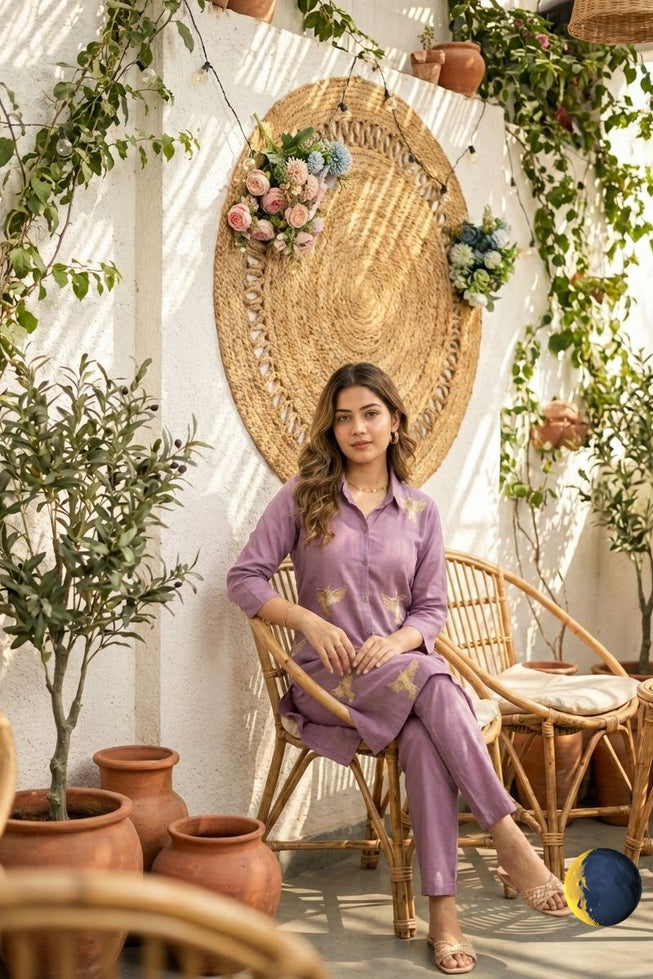 Lavender Roman Silk Kurti Palazzo Set with Bird Motif Thread Embroidery