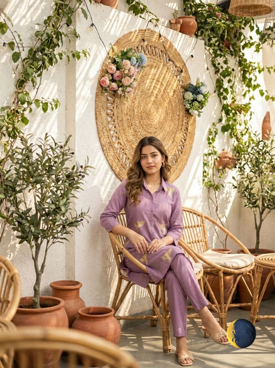 Lavender Roman Silk Kurti Palazzo Set with Bird Motif Thread Embroidery