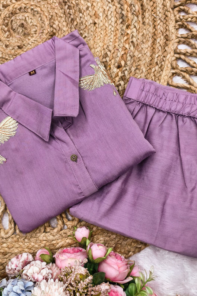 Lavender Roman Silk Kurti Palazzo Set with Bird Motif Thread Embroidery