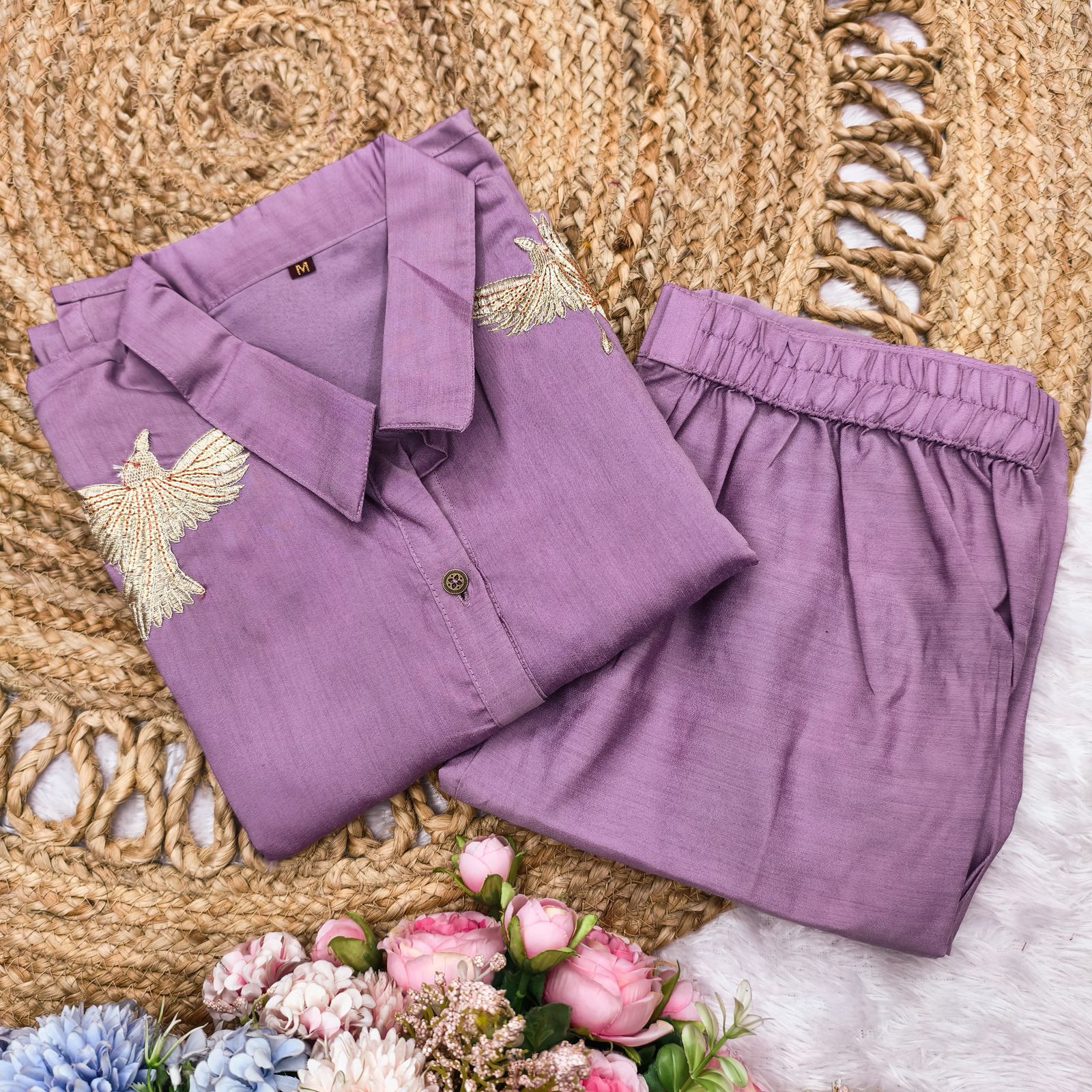 Lavender Roman Silk Kurti Palazzo Set with Bird Motif Thread Embroidery