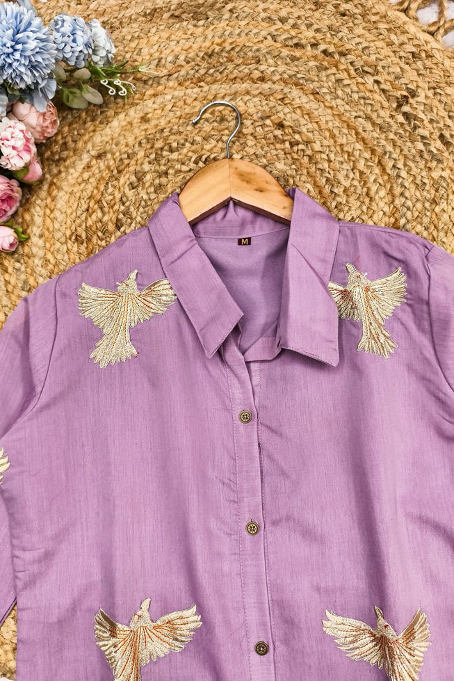 Lavender Roman Silk Kurti Palazzo Set with Bird Motif Thread Embroidery