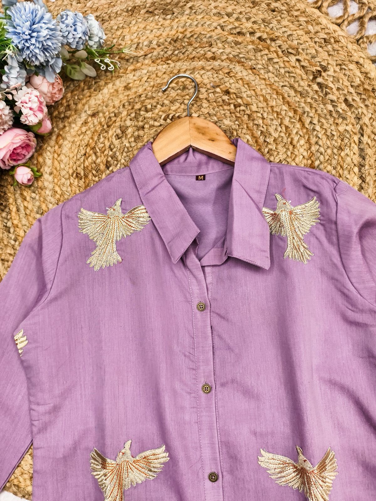 Lavender Roman Silk Kurti Palazzo Set with Bird Motif Thread Embroidery