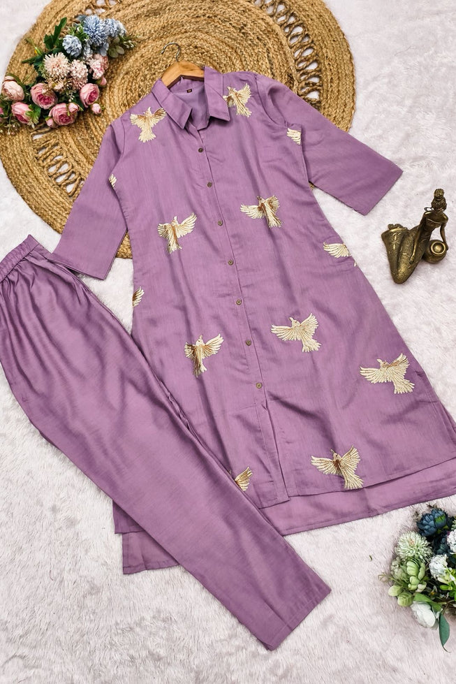 Lavender Roman Silk Kurti Palazzo Set with Bird Motif Thread Embroidery
