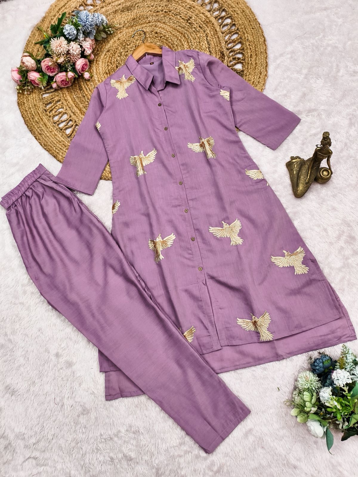 Lavender Roman Silk Kurti Palazzo Set with Bird Motif Thread Embroidery
