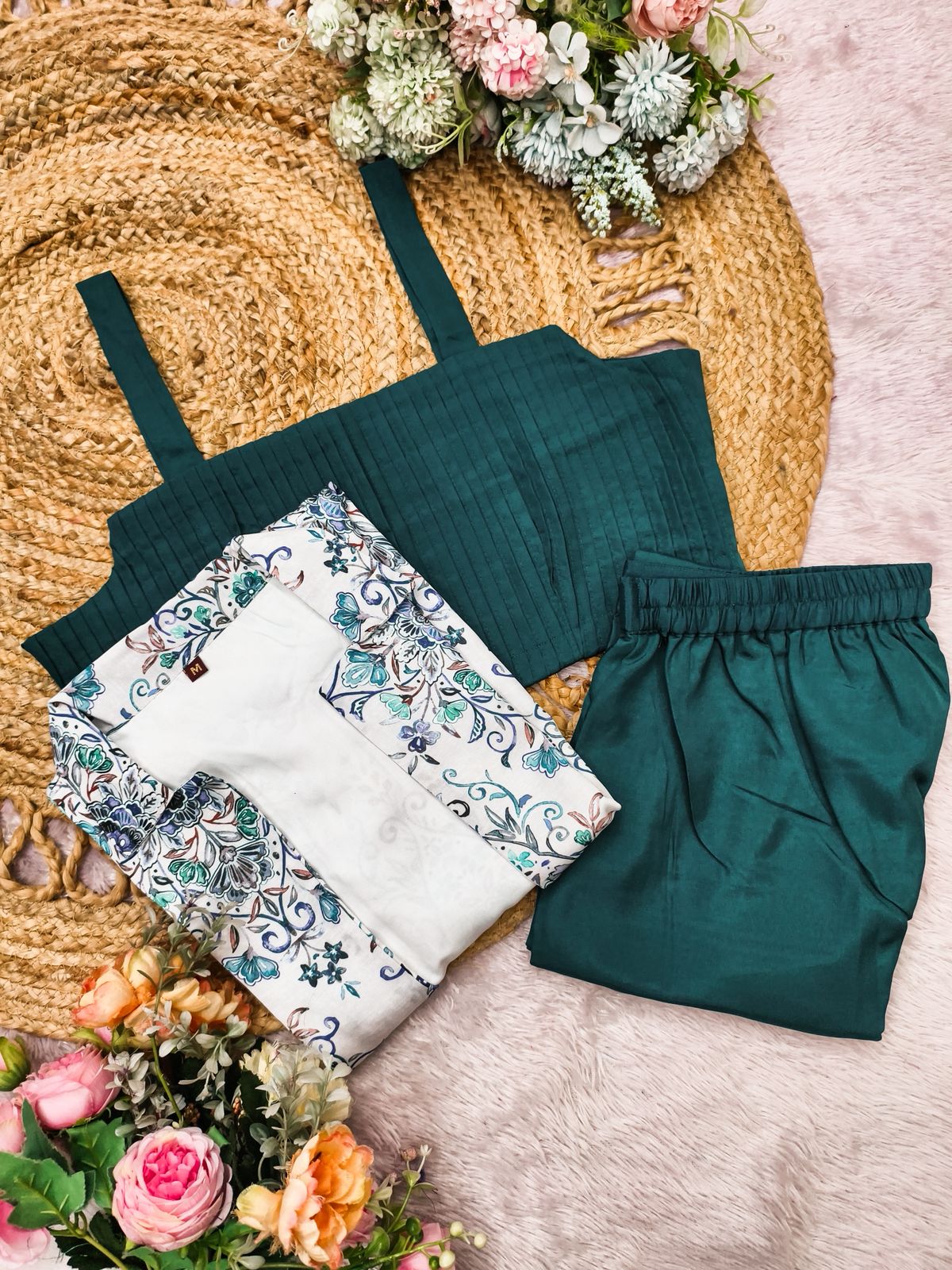 Premium Tebby Organza Embroidered Co-ord Set - Teal & Floral Party Wear