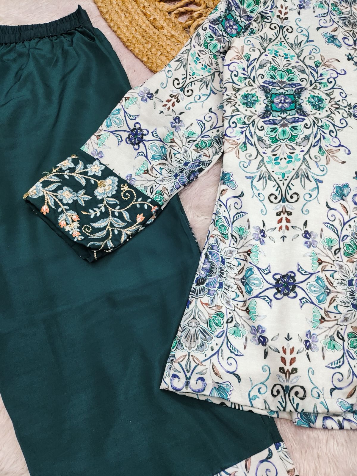 Premium Tebby Organza Embroidered Co-ord Set - Teal & Floral Party Wear