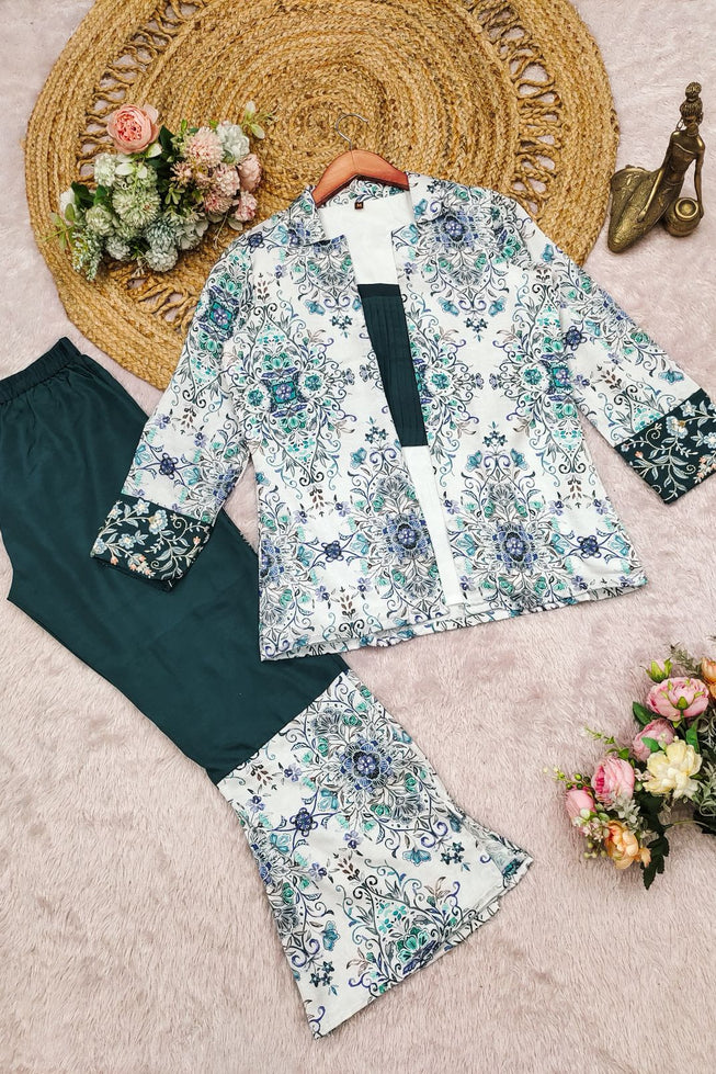 Premium Tebby Organza Embroidered Co-ord Set - Teal & Floral Party Wear