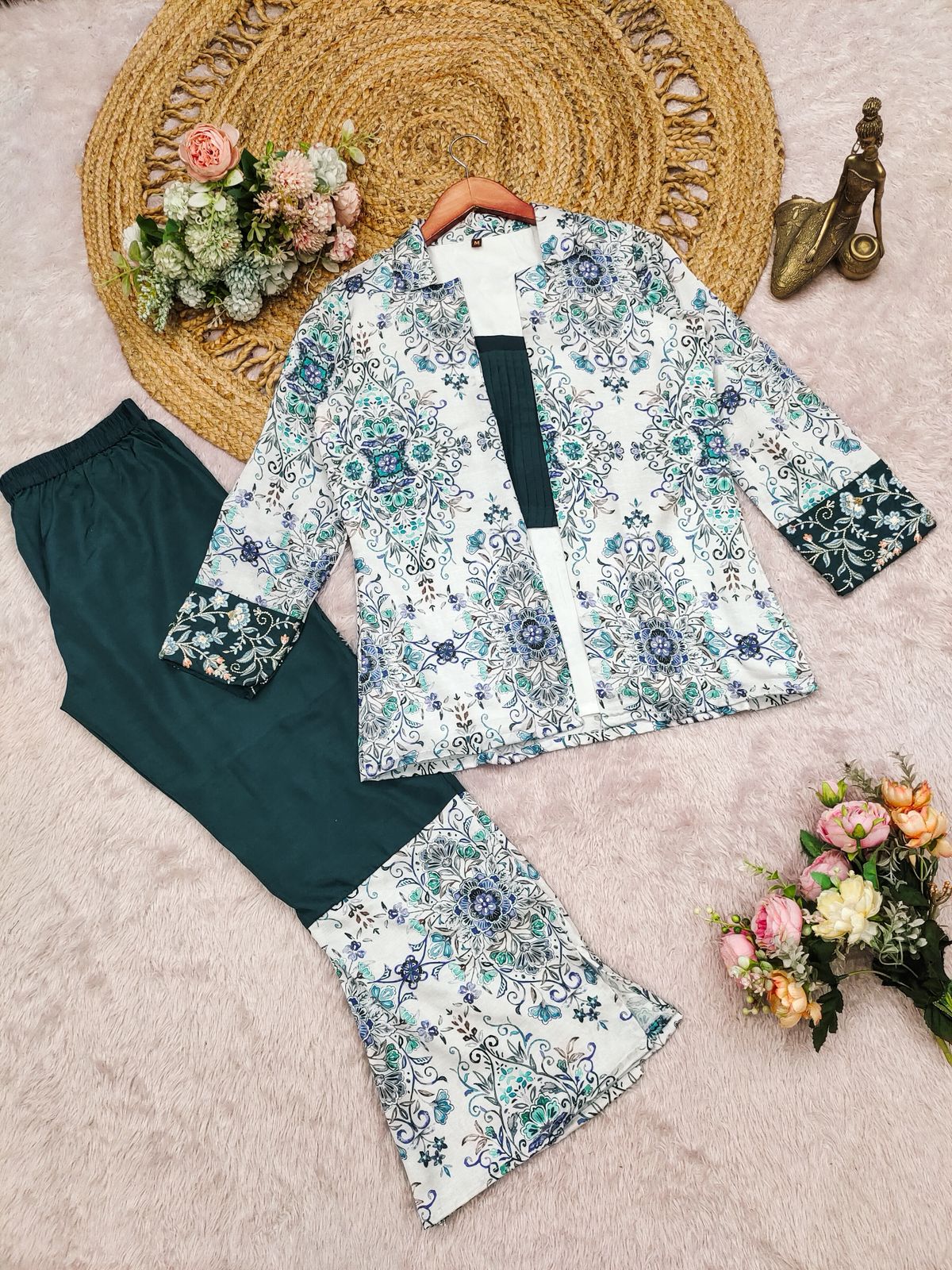 Premium Tebby Organza Embroidered Co-ord Set - Teal & Floral Party Wear