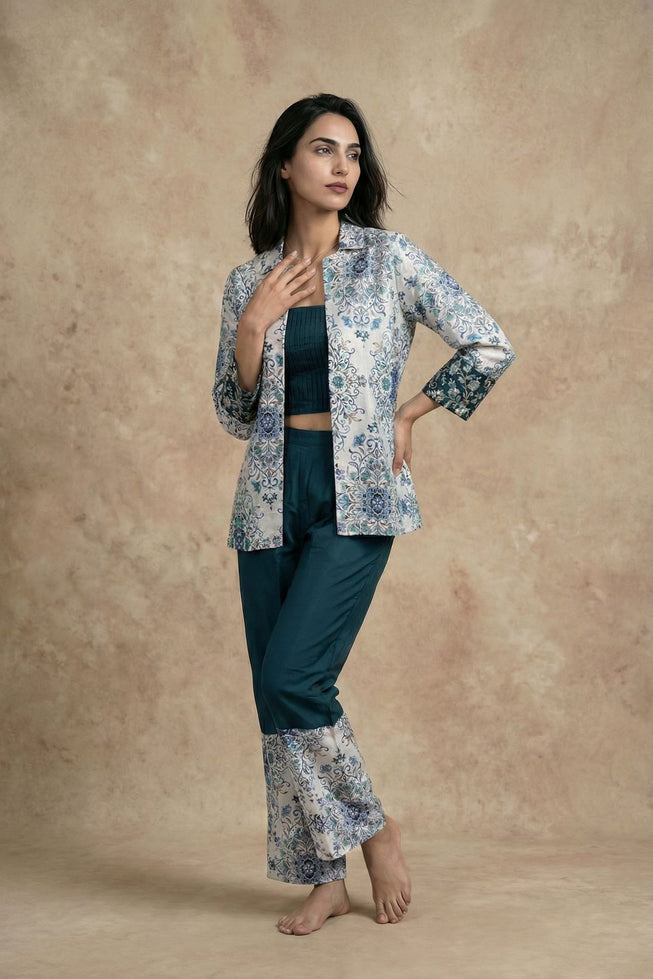 Premium Tebby Organza Embroidered Co-ord Set - Teal & Floral Party Wear