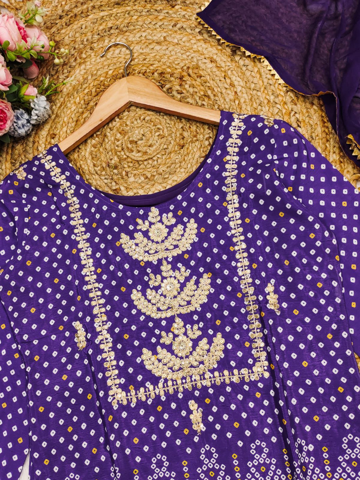 Exclusive Purple Chinon Kurta Set with Gold Embroidery & Portable 5-in-1 Travel Makeup Brush Set with Mirror - Festive Ready Beauty & Fashion Combo